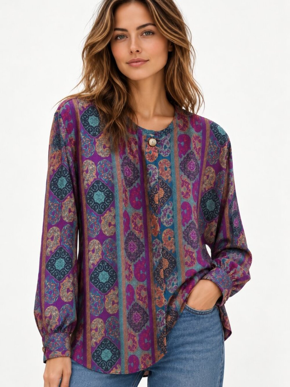 Oversized Vintage boho blouse, paisley vibrant colours